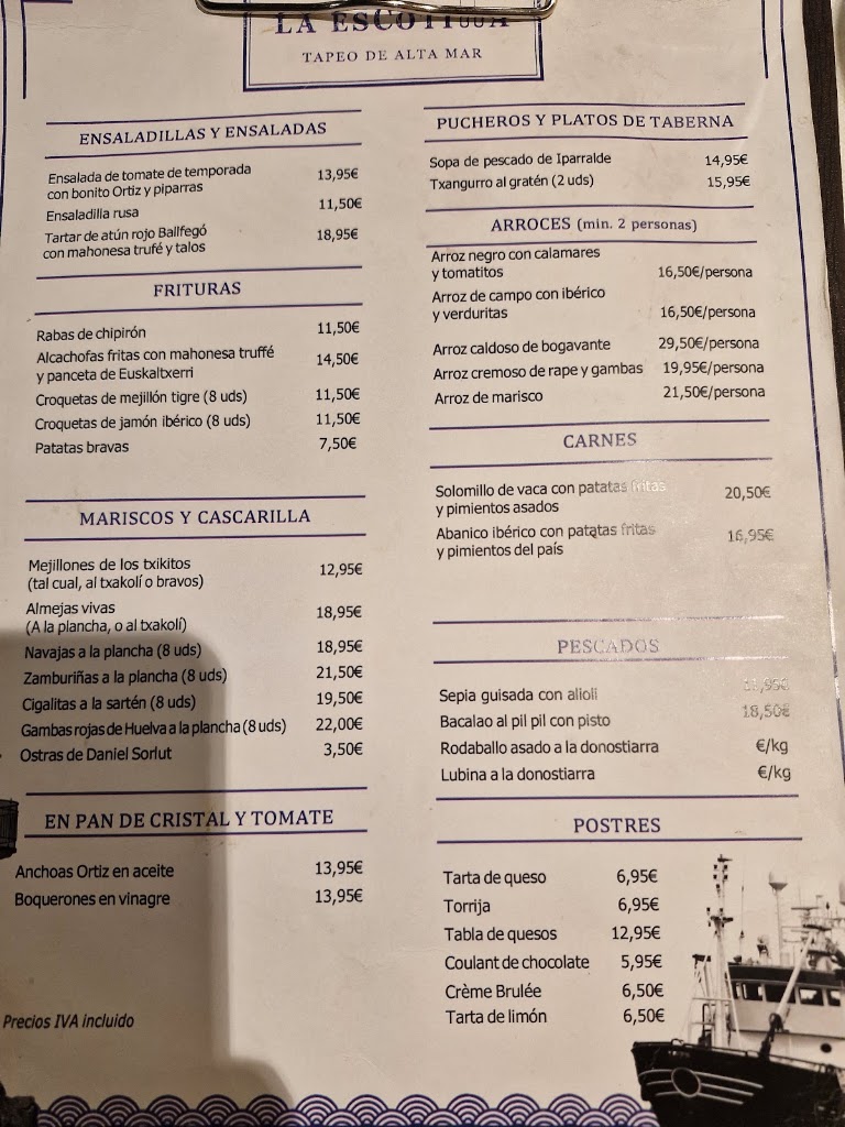 Bar restaurante La Escotilla — Carta