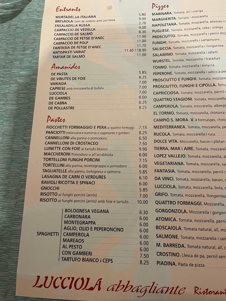 Pizzeria Lucciola — Carta