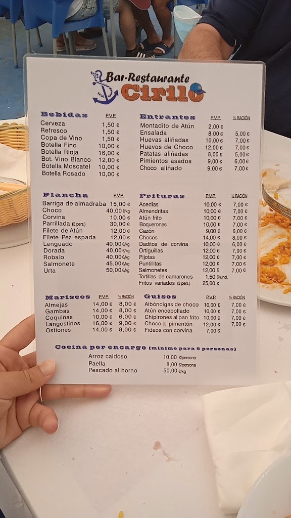 Bar Club Nautico Sancti Petri (Restaurante Cirilo) — Carta