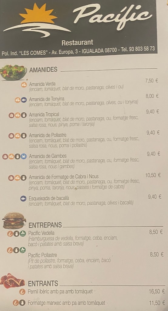 Restaurante Pacific — Carta