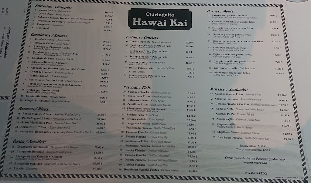 Chiringuito Hawai Kai Beach Bar — Carta