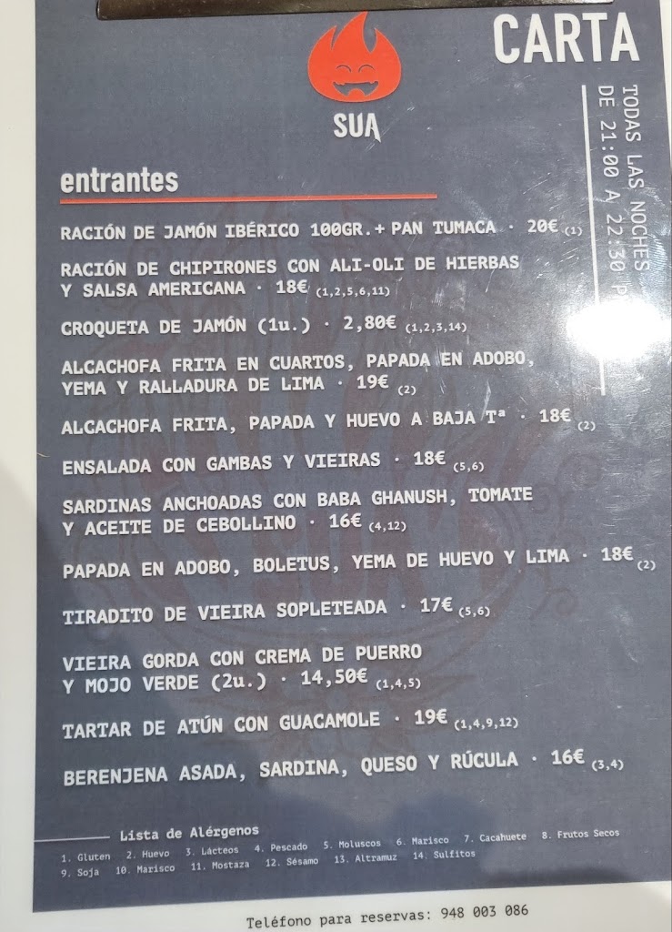Restaurante Sua — Carta