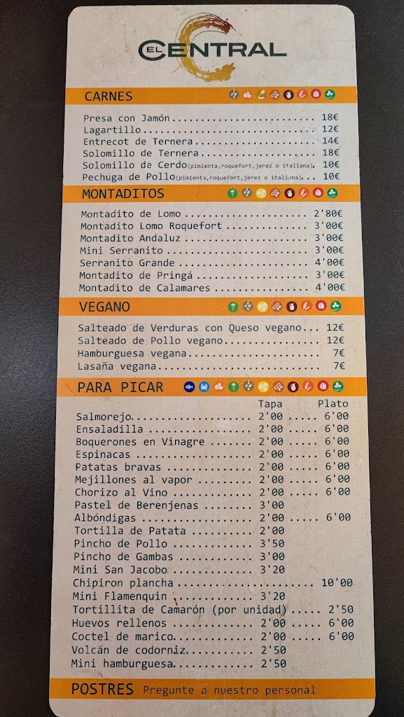 Canas y tapas El Central ecija — Carta