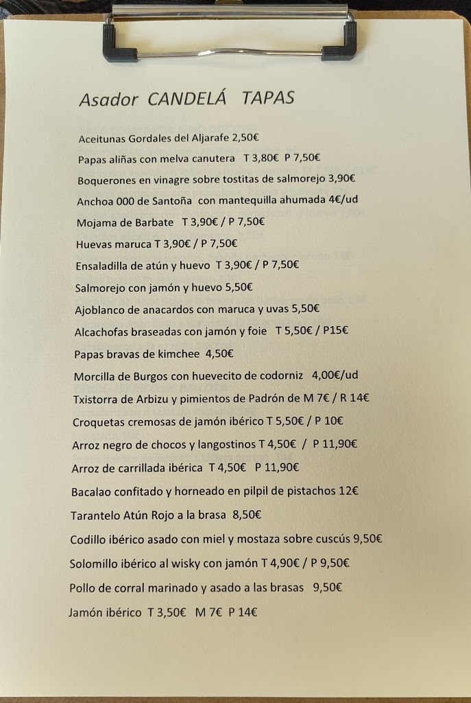 Restaurante Asador Candela Brasas & Tapas — Carta