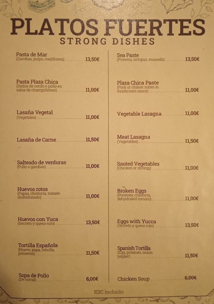 Cafe Bar Plaza Chica — Carta