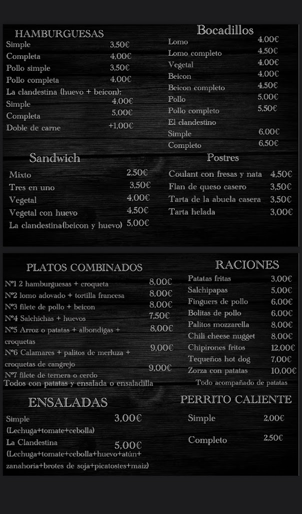 La Clandestina Platos Combinados — Carta