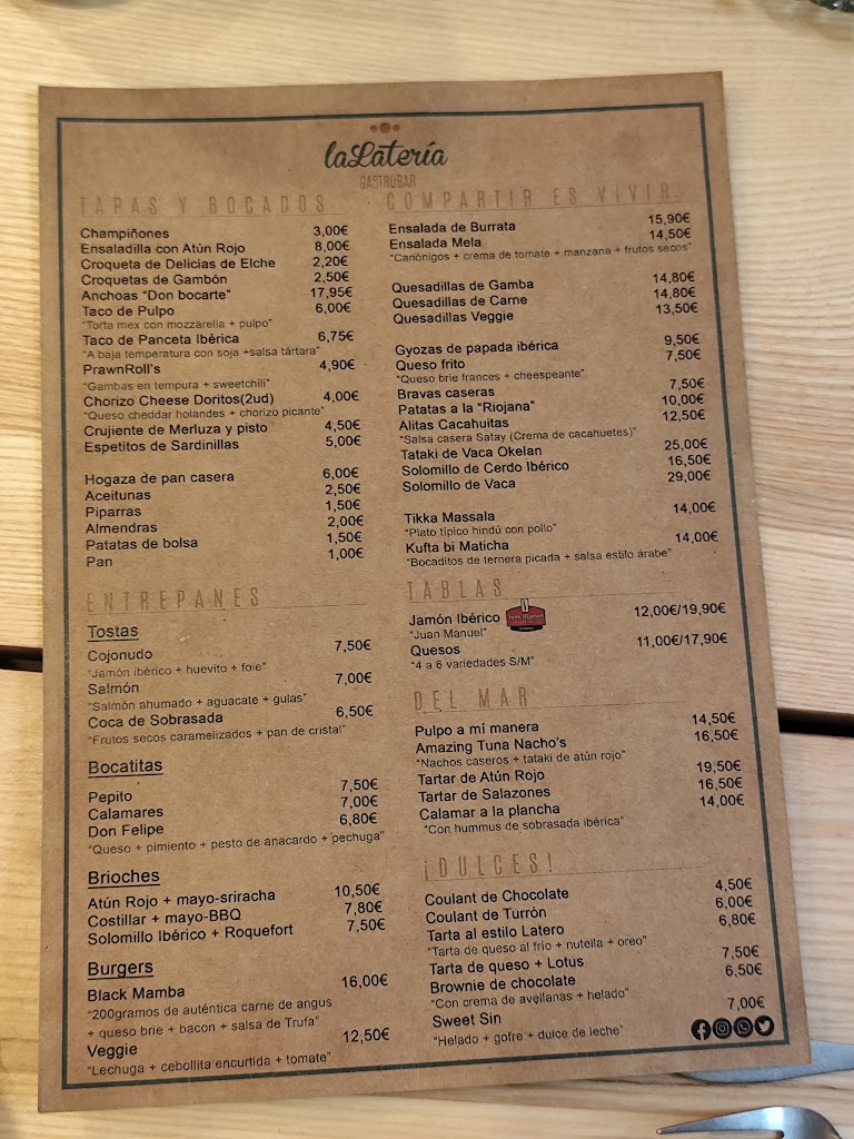 La Lateria Gastrobar — Carta