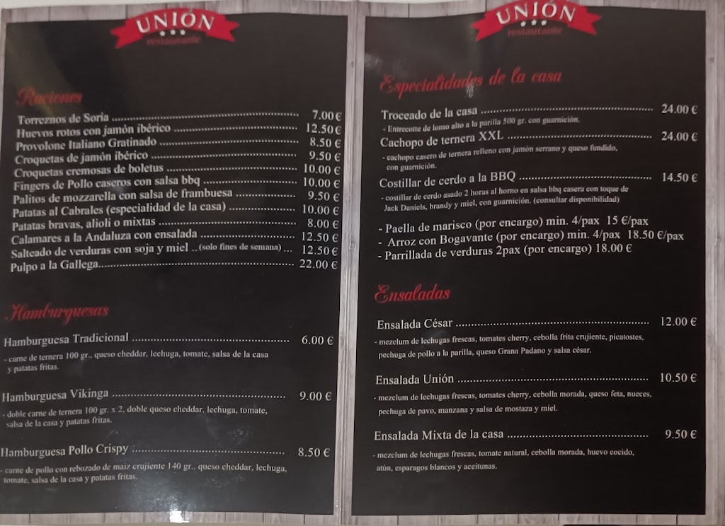 Restaurante Union — Carta
