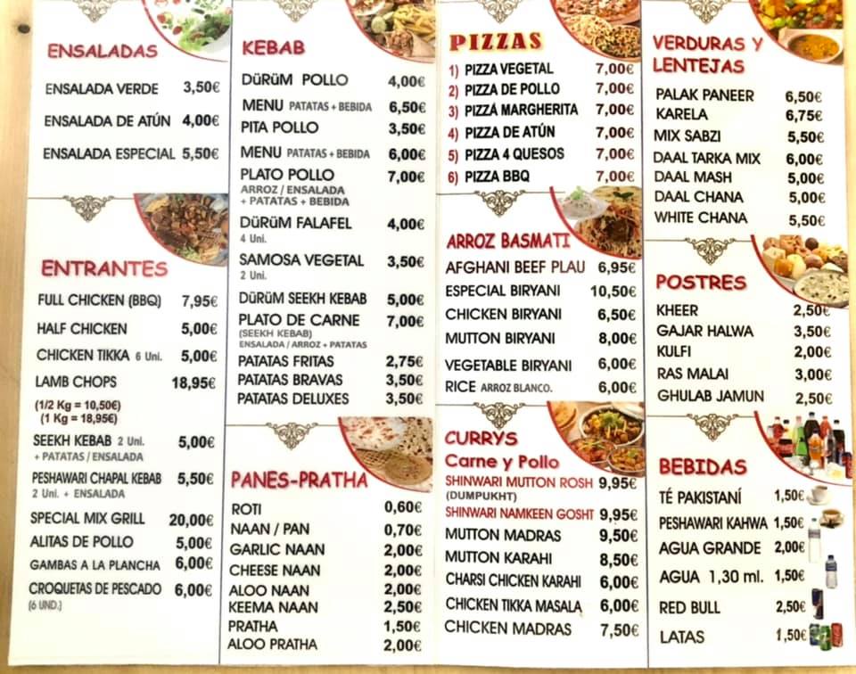 Restaurante Dawat Kebab — Carta