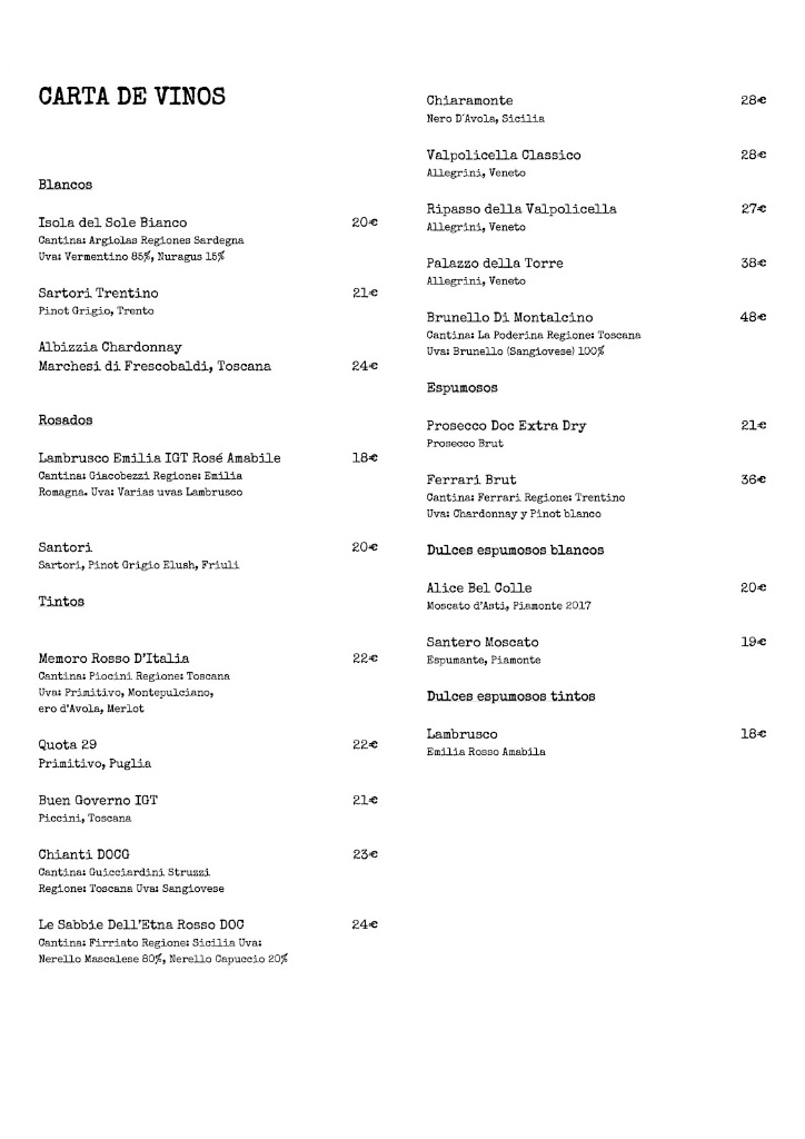 Restaurante L'Angoletto — Carta