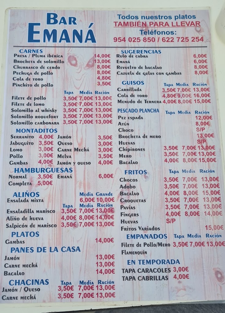 Cafe Bar Emana — Carta