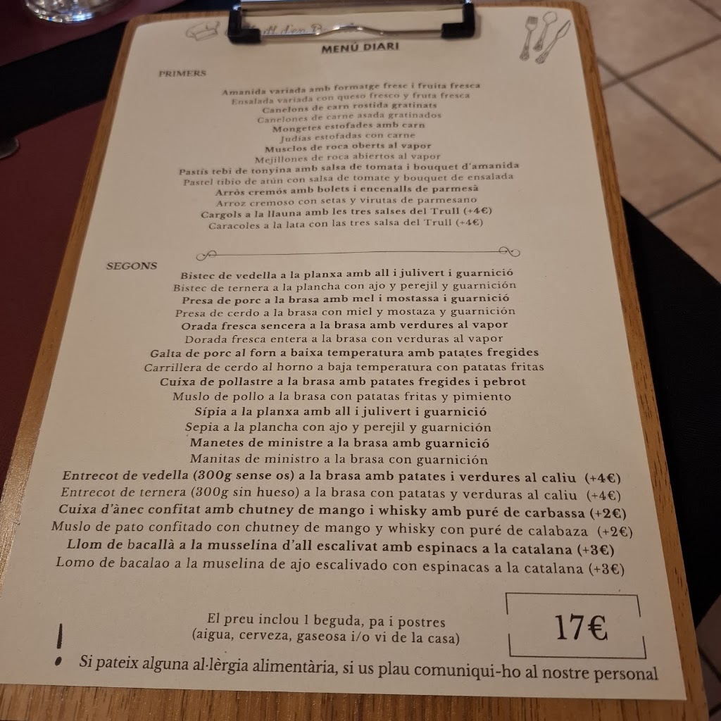 Restaurante El Trull d'en Baserba — Carta