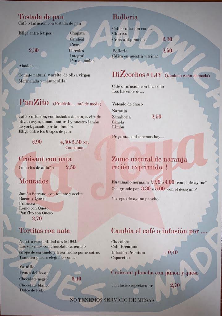La Joya Cafe — Carta