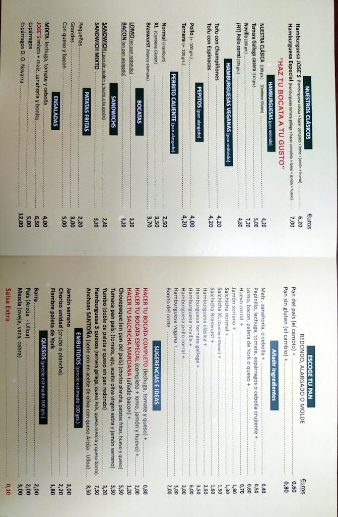 Hamburgueseria jose's — Carta