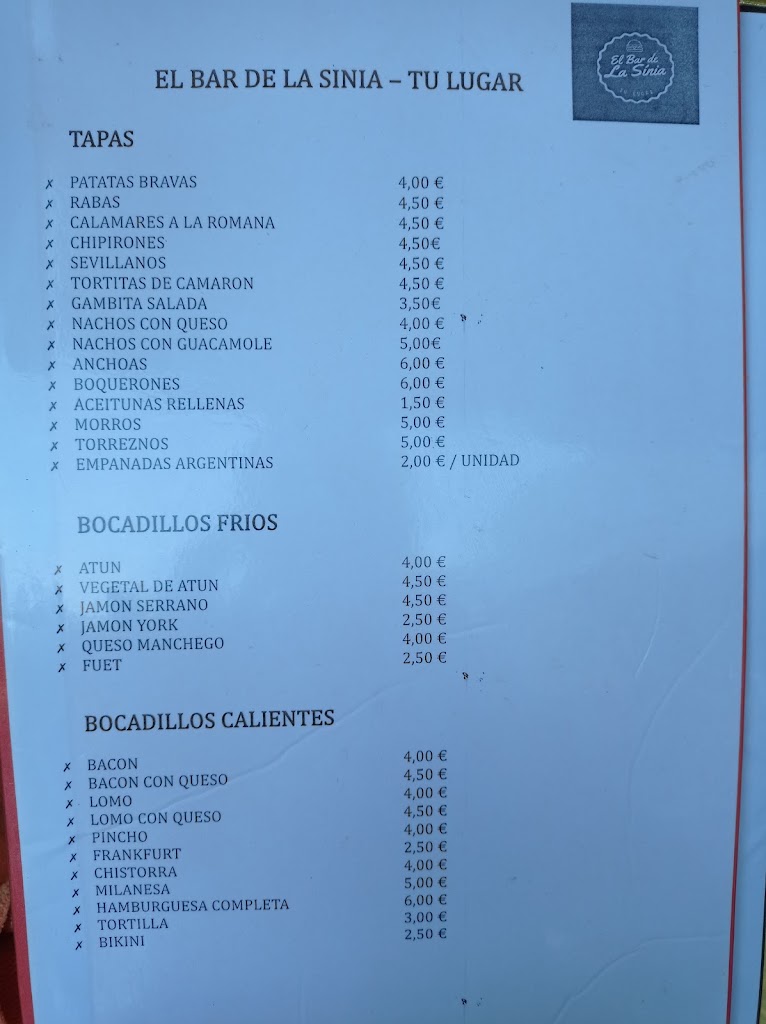 Bar la sinia park — Carta
