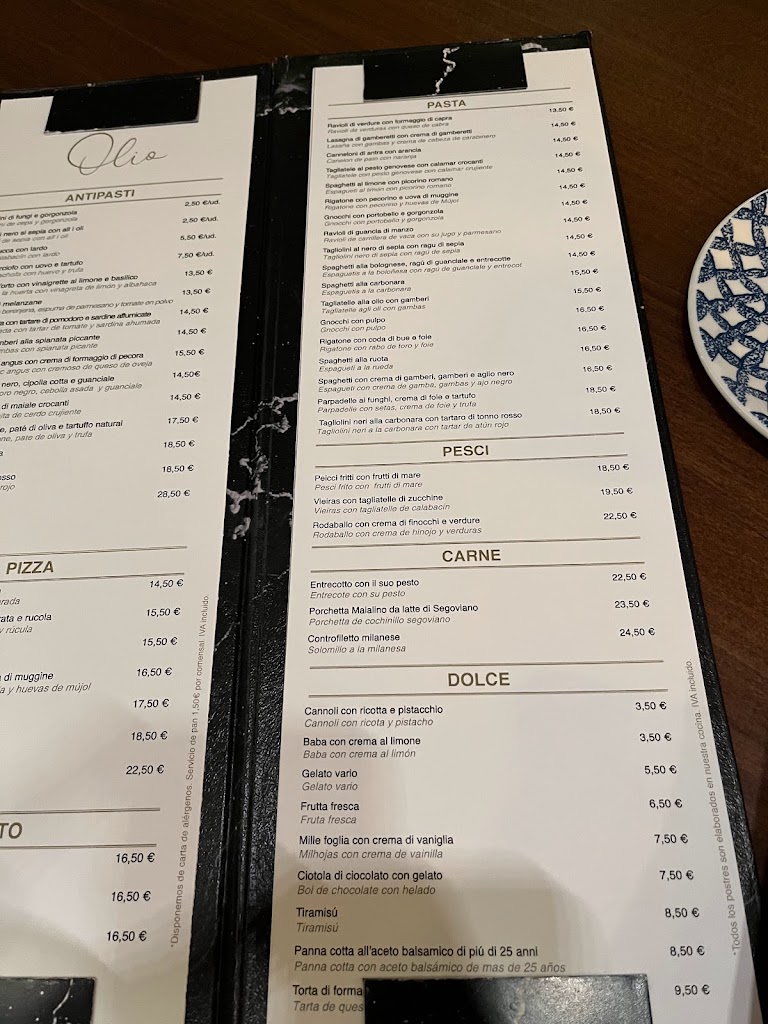 Restaurante Italiano Olio Salou — Carta