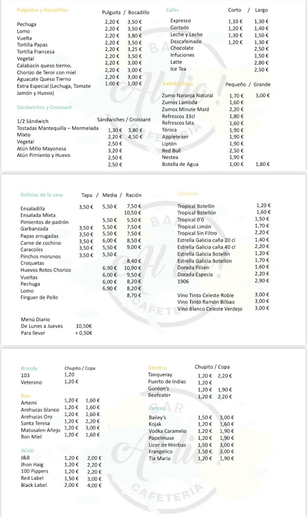 Bar Cafeteria Al Lio! — Carta