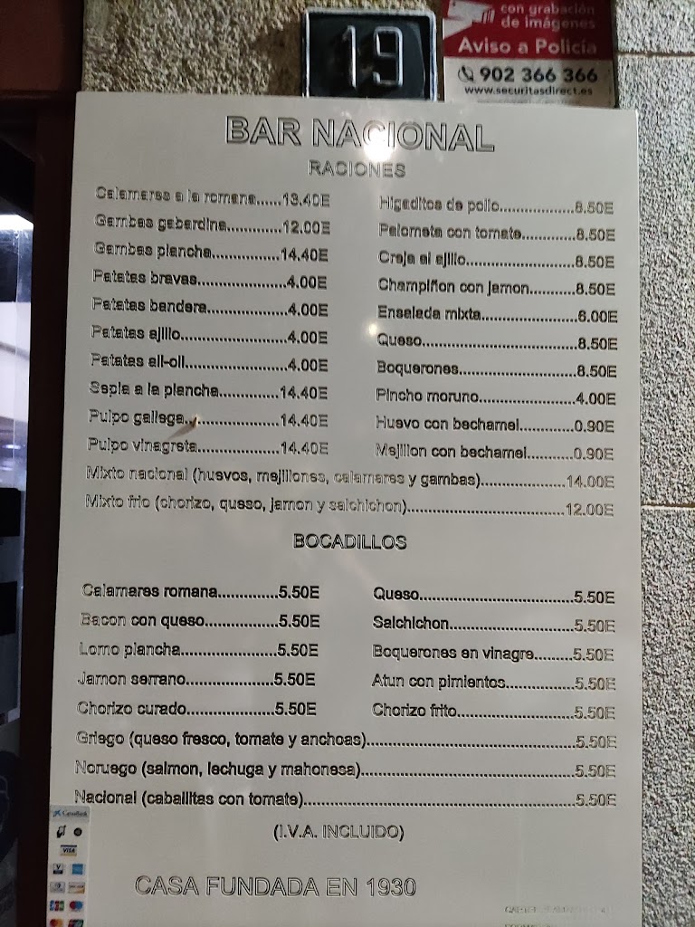 Bar Nacional — Carta