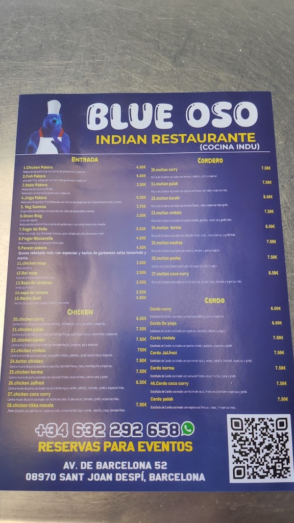 BLUE OSO (Restaurante hindu) — Carta
