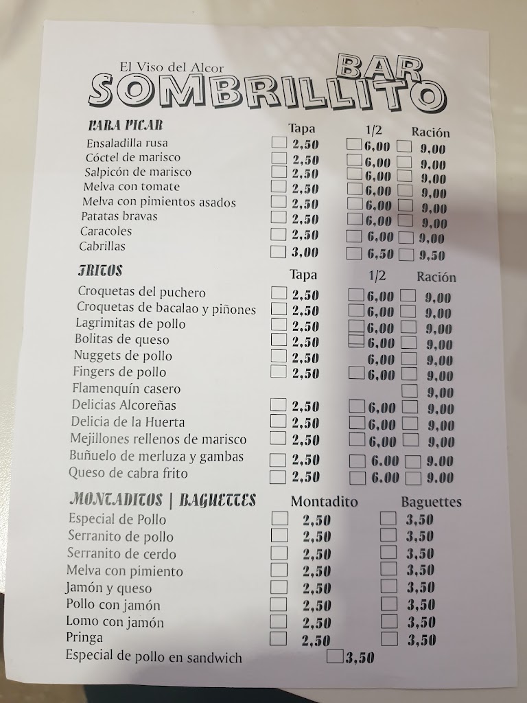 Cafe Bar Sombrillito — Carta