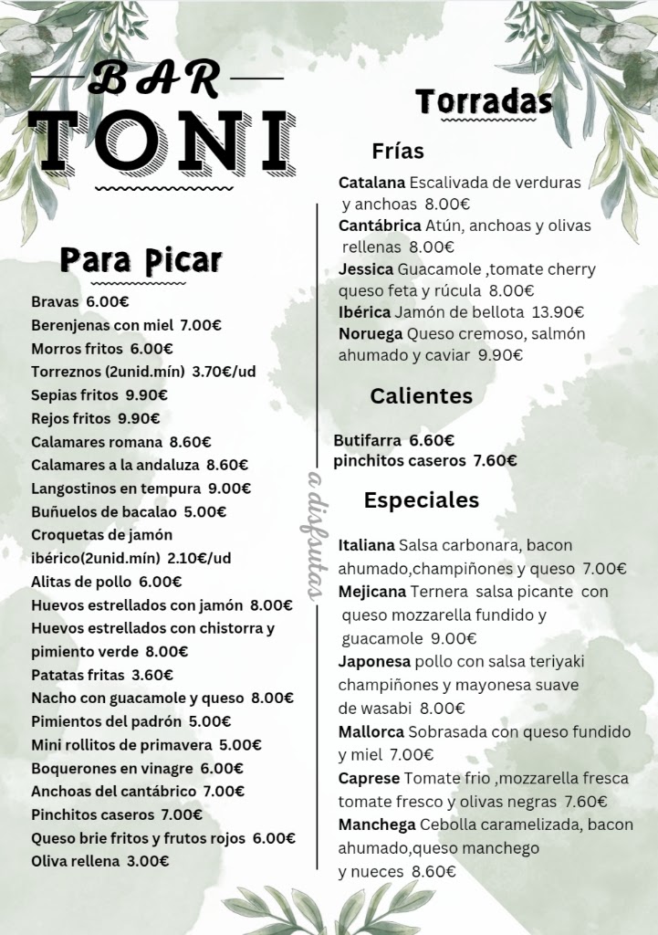 BAR TONI — Carta