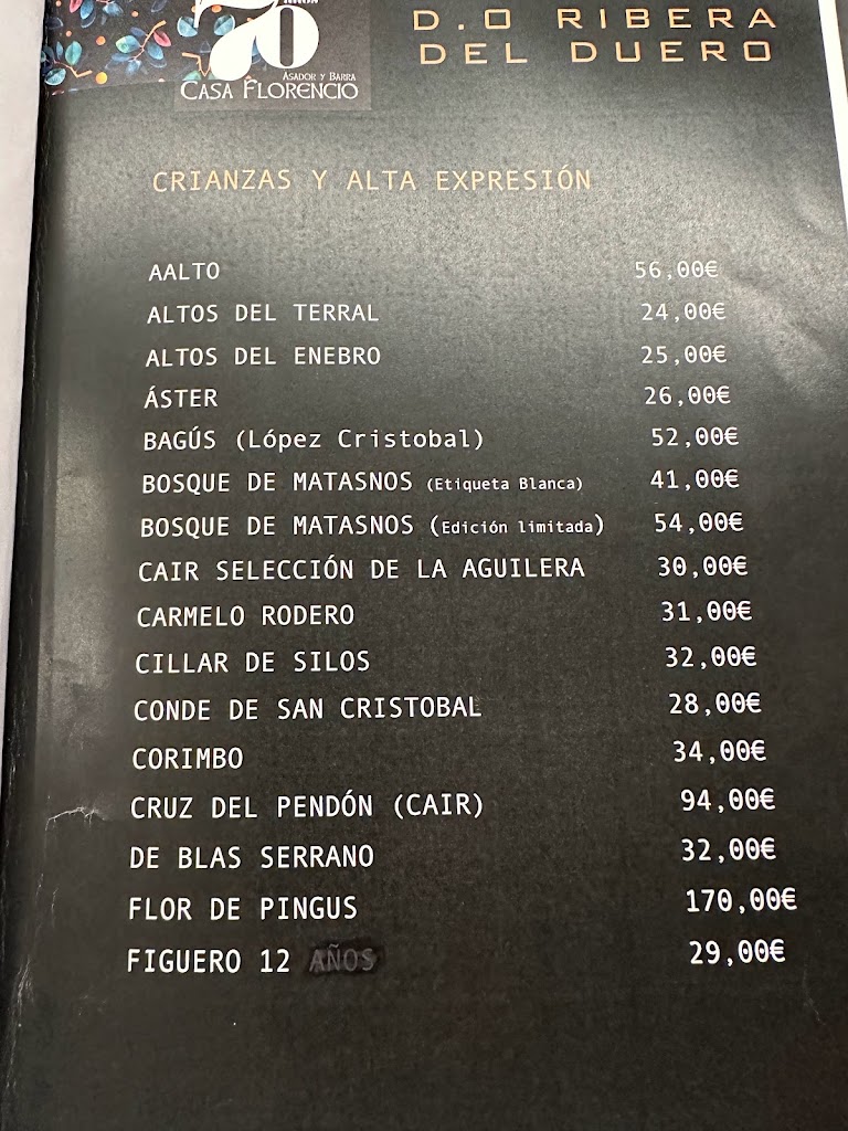 Restaurante Asador Casa Florencio — Carta