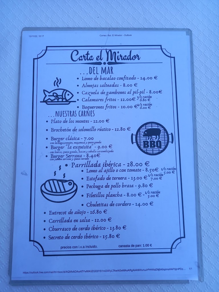 Restaurante El Mirador de Antequera — Carta