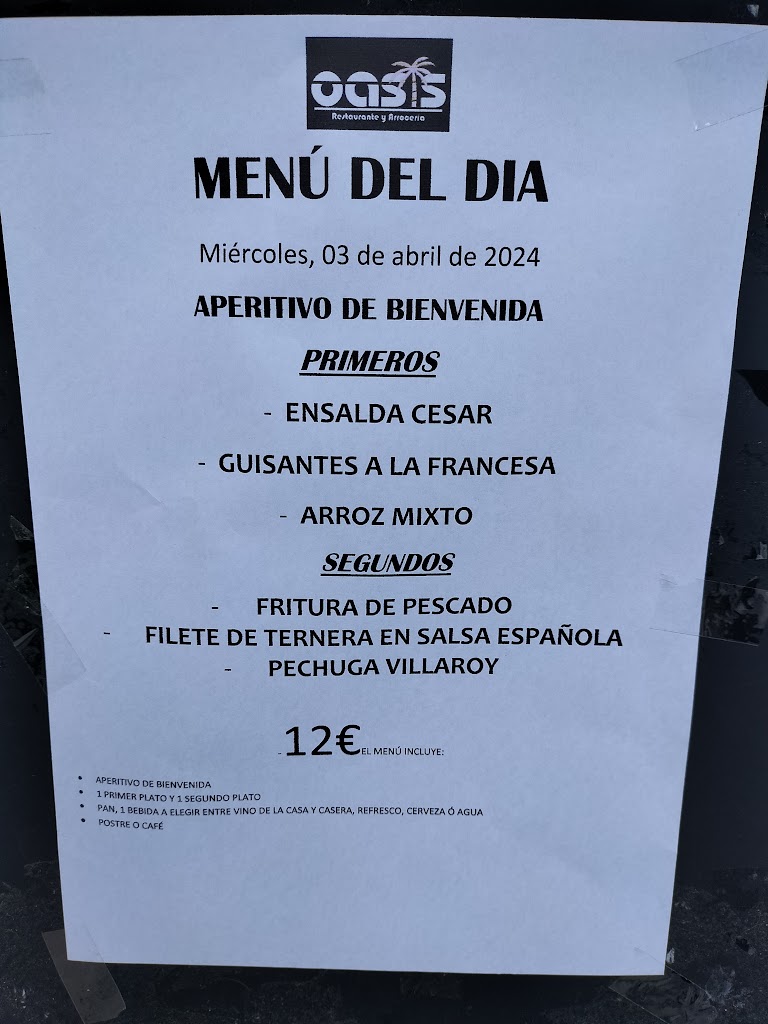 Oasis Restaurante Arroceria — Carta