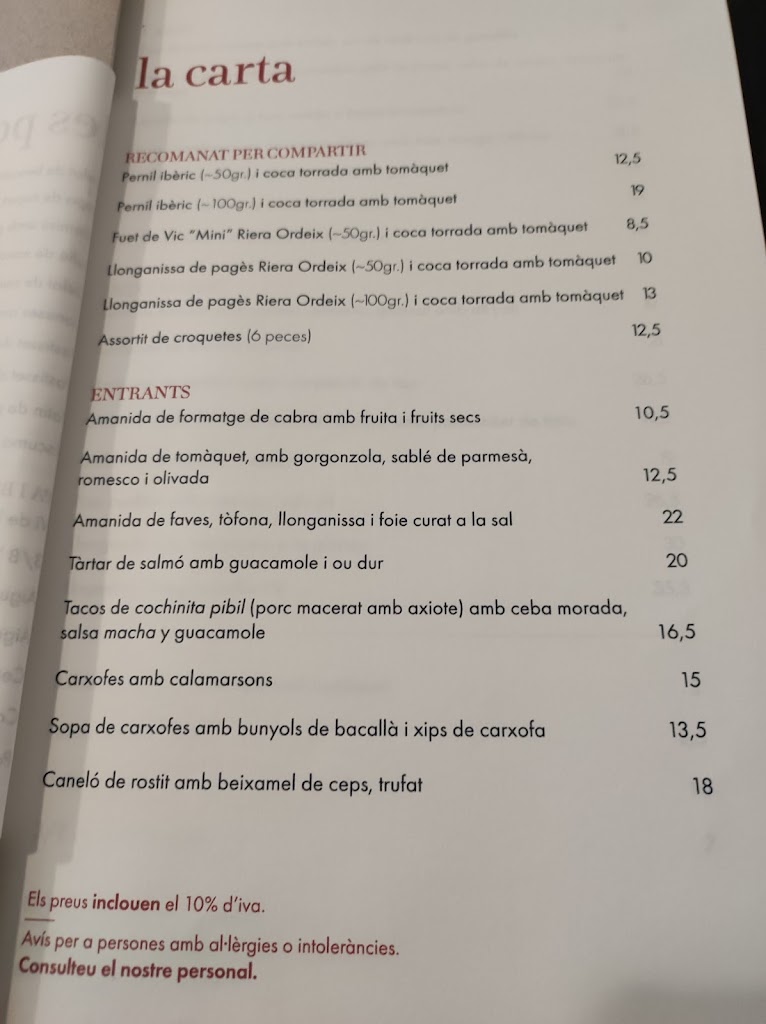 Restaurante L'antiga Fonda — Carta