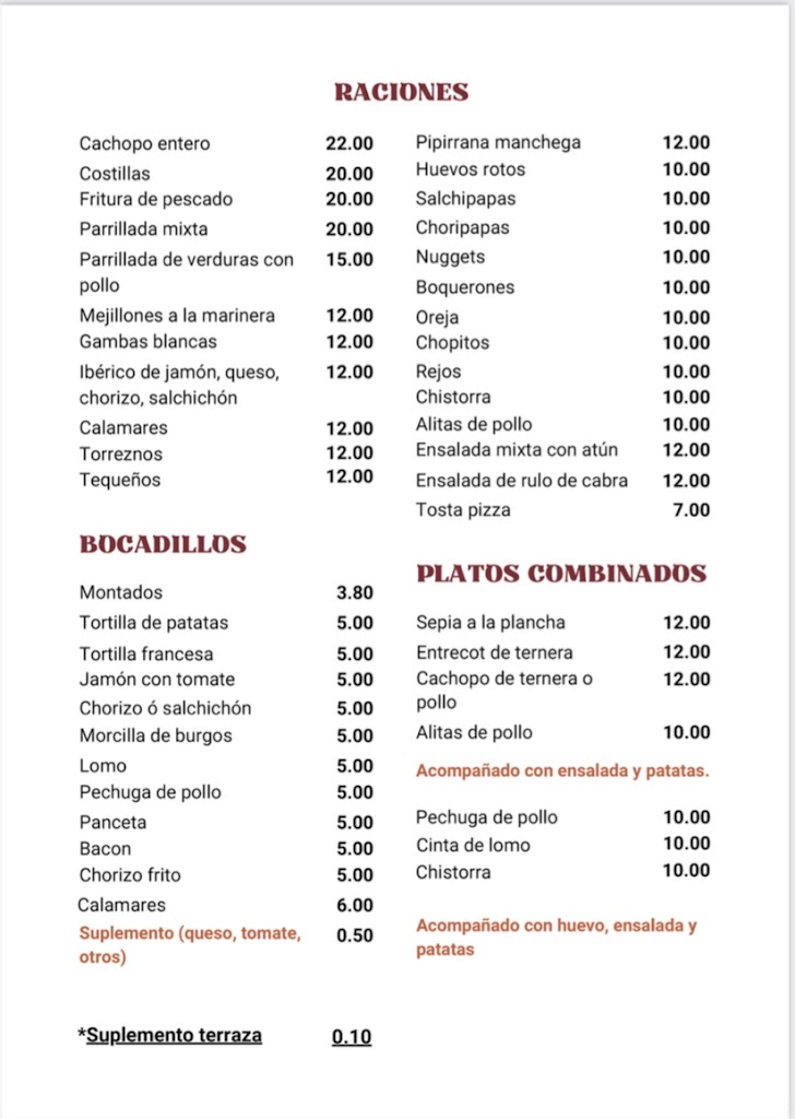 El Rincon Manchego Coslada — Carta