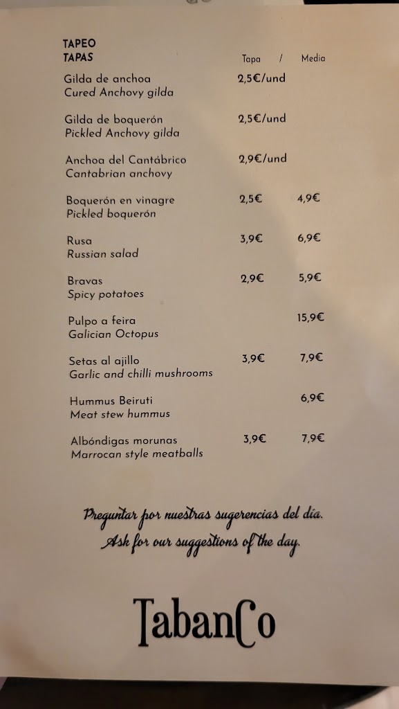 Restaurante BACK — Carta