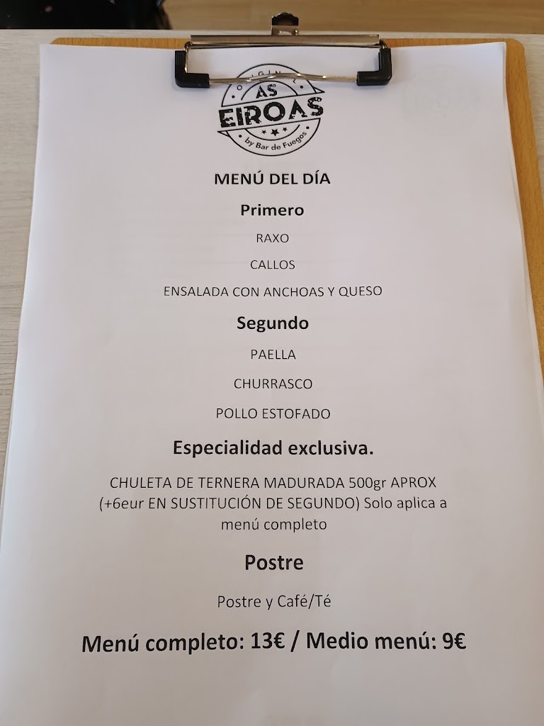 Restaurante As Eiroas — Carta
