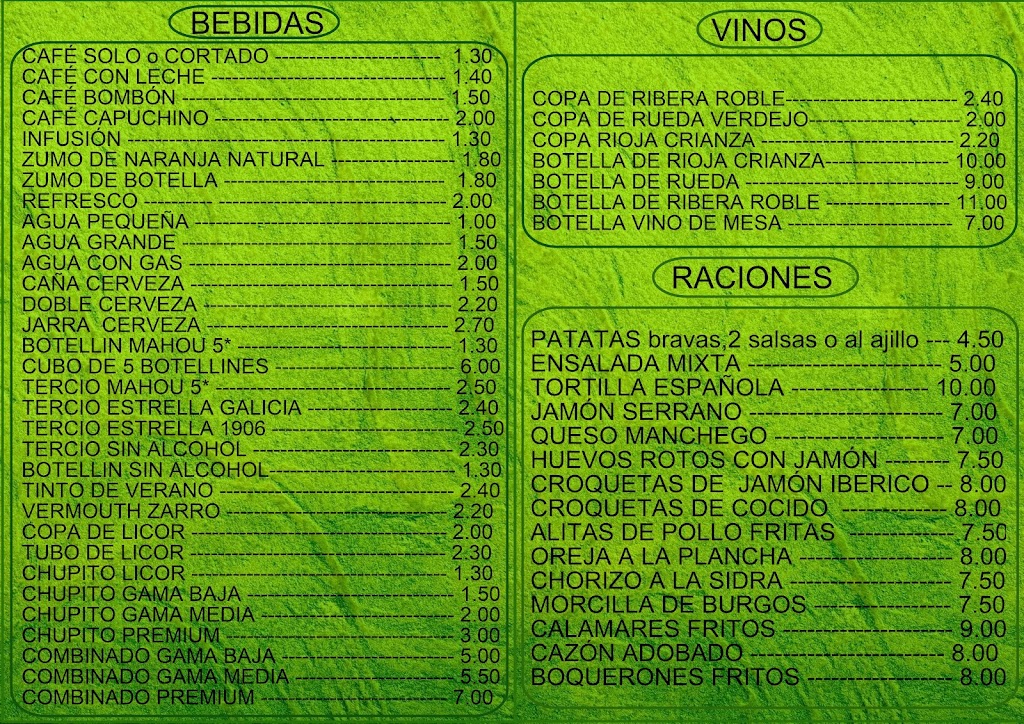 BAR CASA QUILLO — Carta