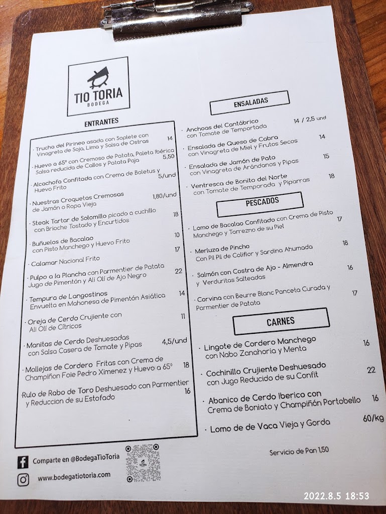 Restaurante Bodega Tio Toria — Carta