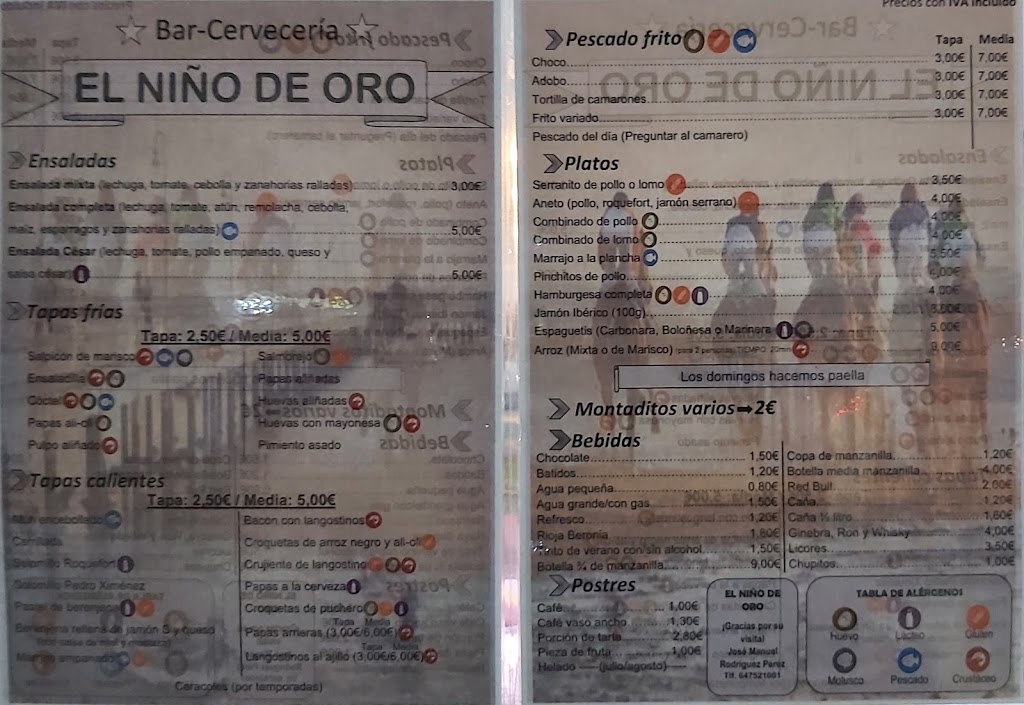 Bar Cafeteria El Nino de Oro — Carta