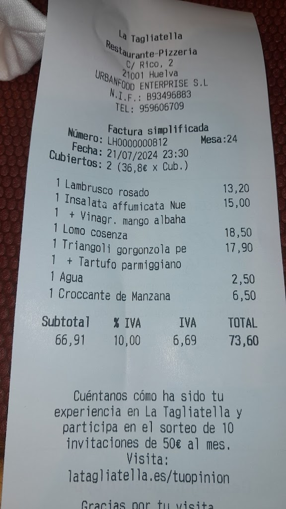 Restaurante La Tagliatella Huelva — Carta