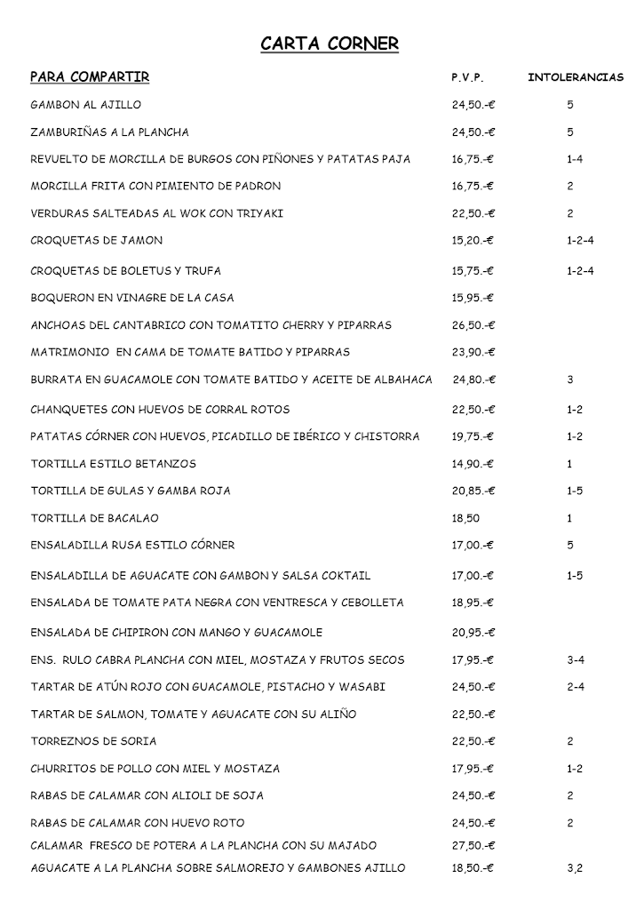 Restaurante Corner — Carta