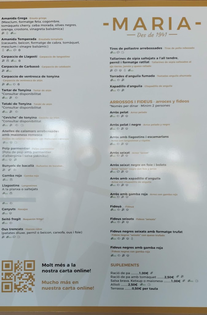 MARIA Espai Gastronomic — Carta