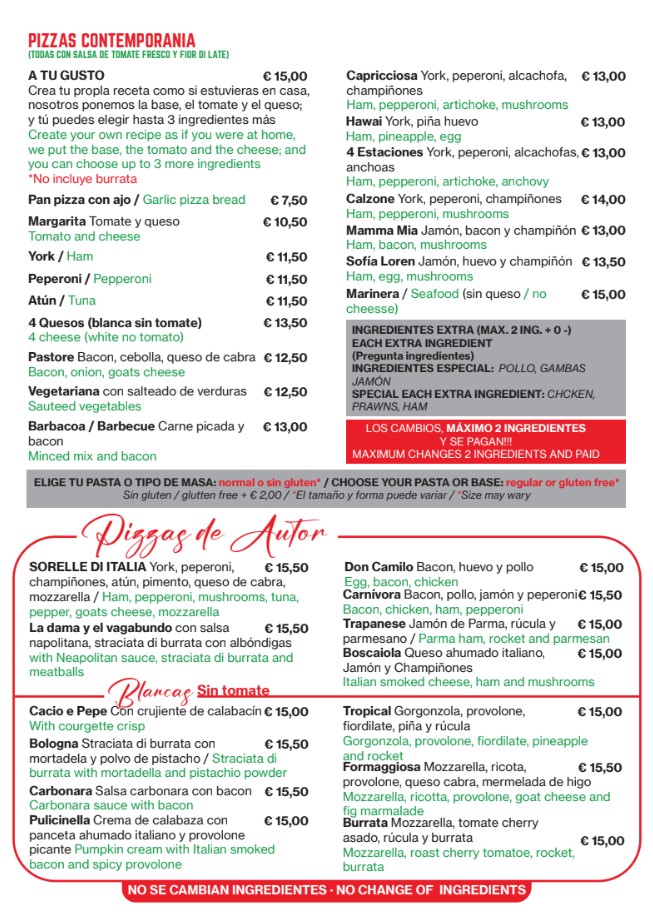 Pizzeria Sorelle D'Italia — Carta