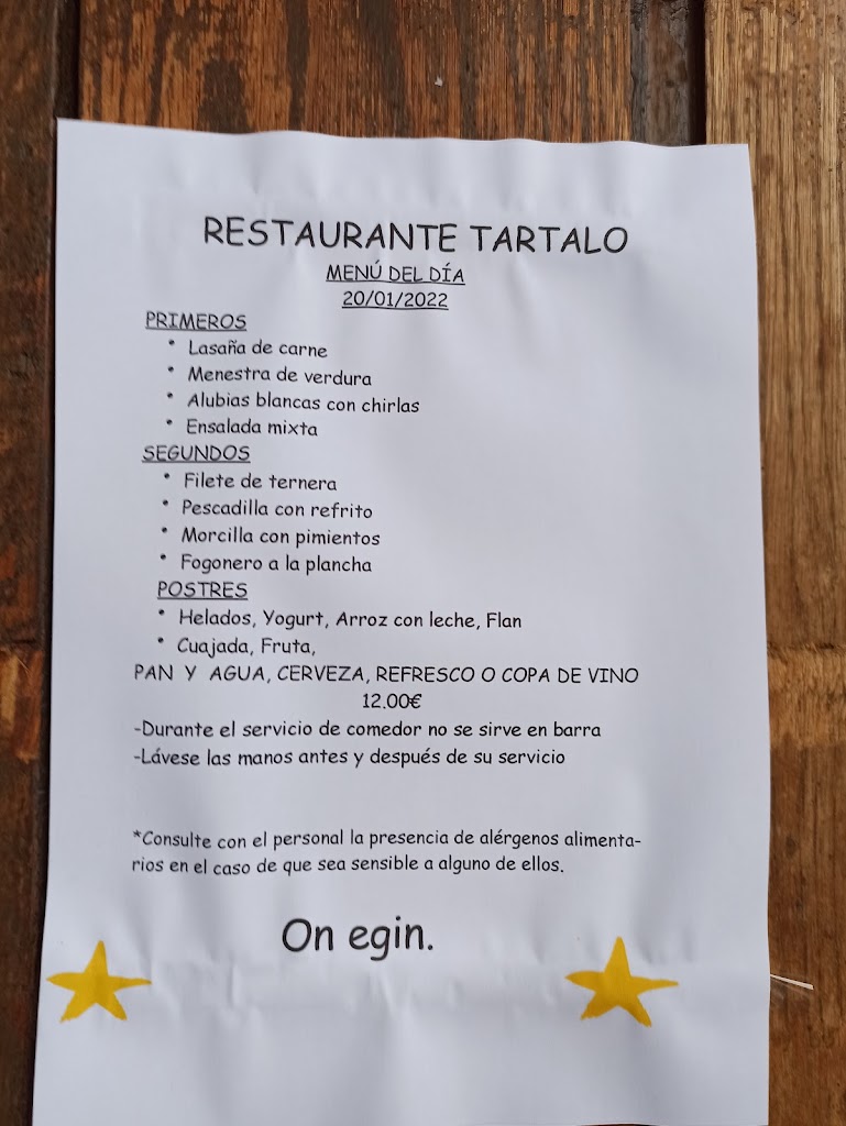 Restaurante Tartalo — Carta