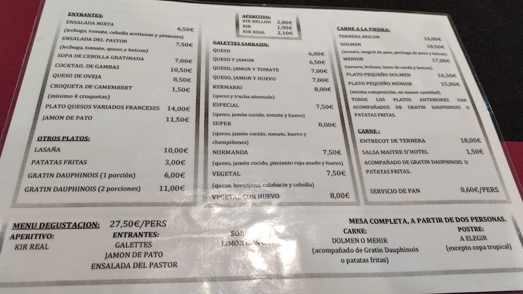 Restaurante Creperia Le Dolmen — Carta