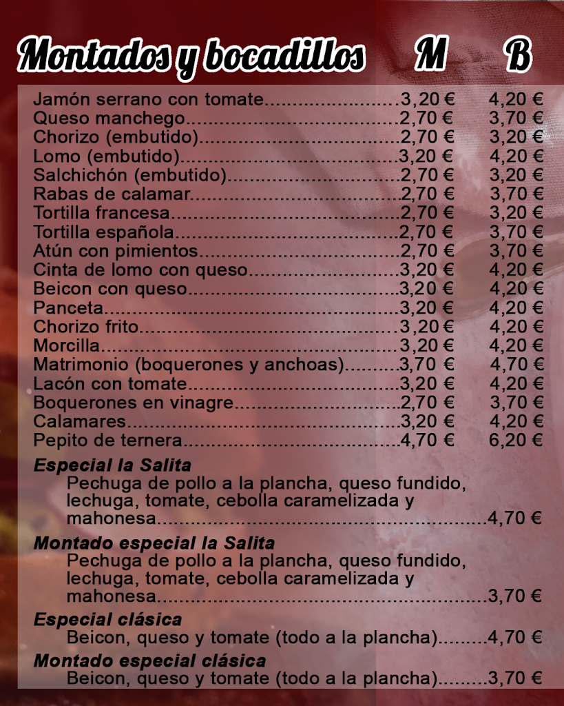 Bar Cafeteria La Salita — Carta
