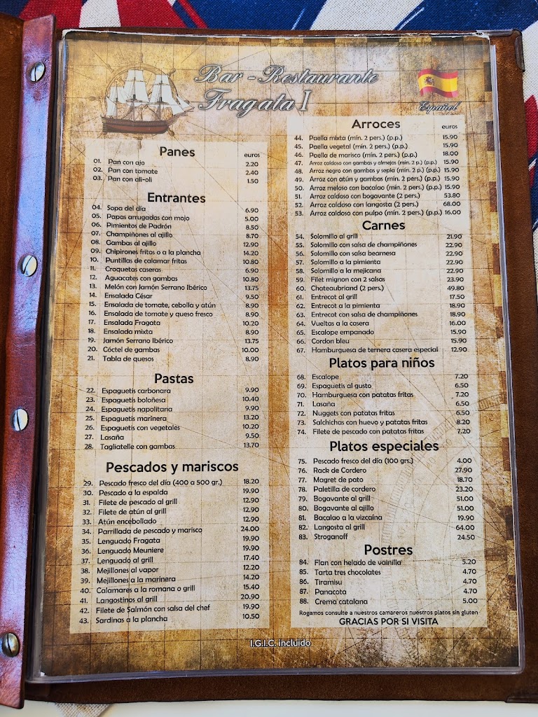 Restaurante Fragata 1 — Carta
