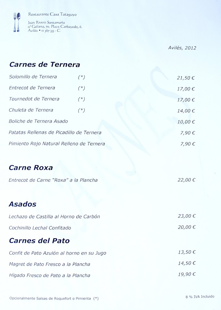 Restaurante Casa Tataguyo — Carta