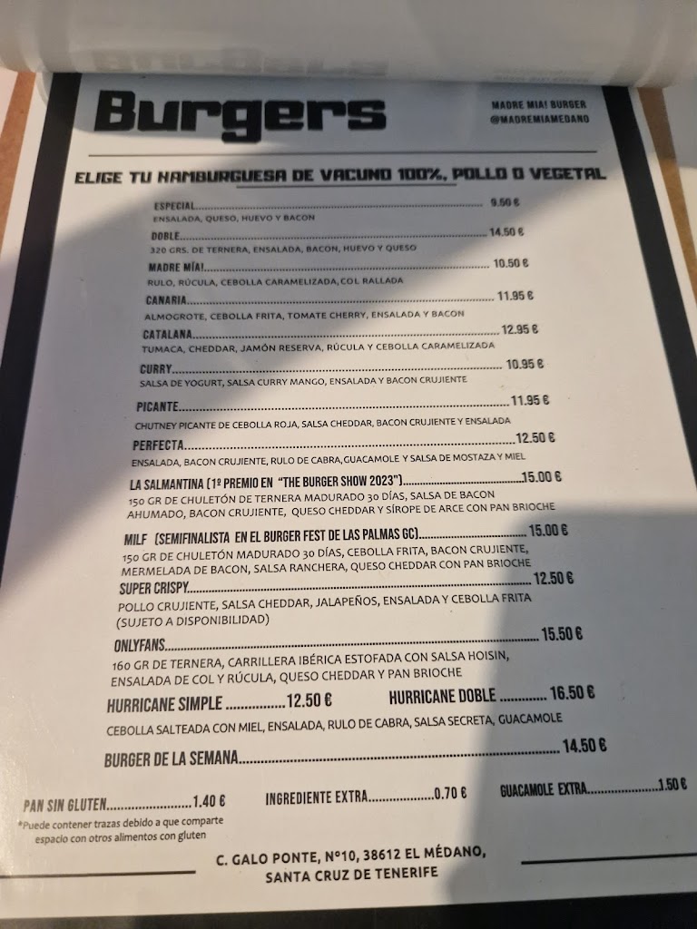 Madre Mia Burgers — Carta