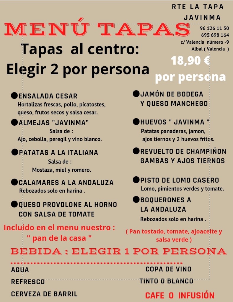 Restaurante La Tapa Javinma — Carta