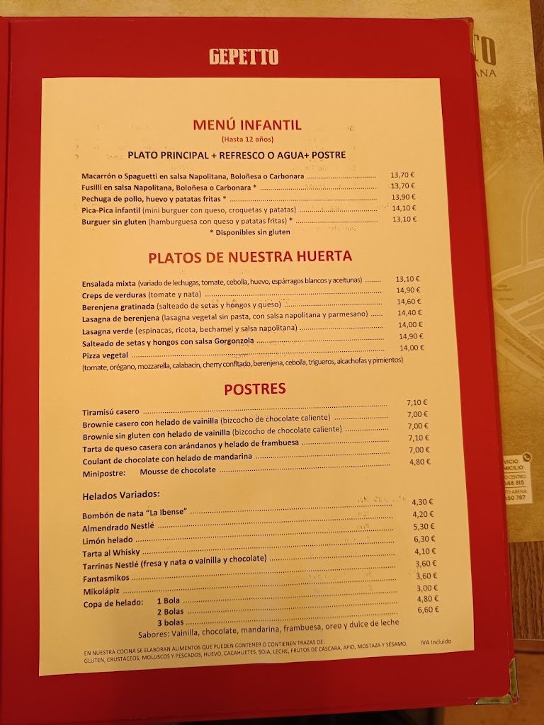 Restaurante Gepetto Arena — Carta
