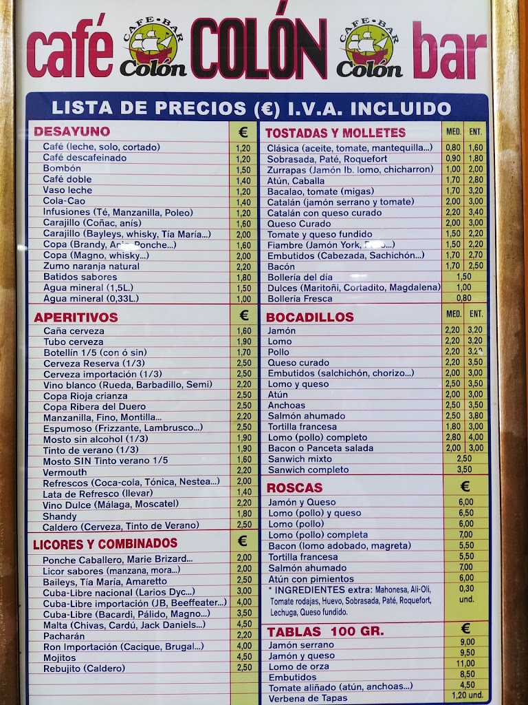 CAFE. BAR. COLON — Carta