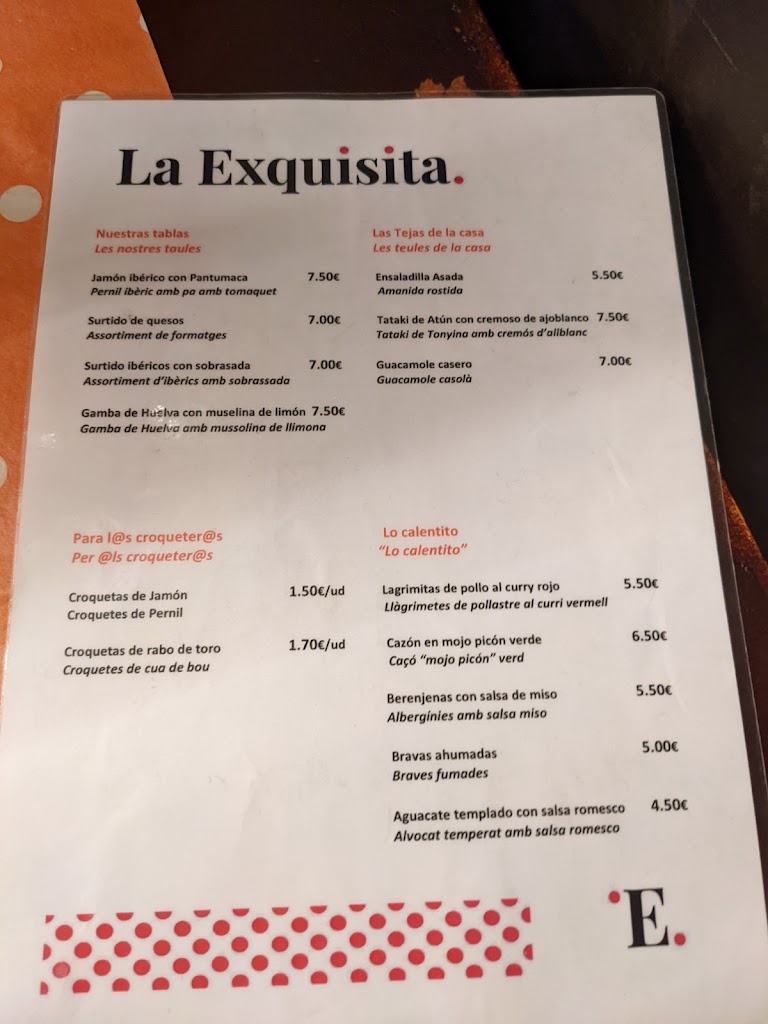 Cerveceria La Exquisita — Carta
