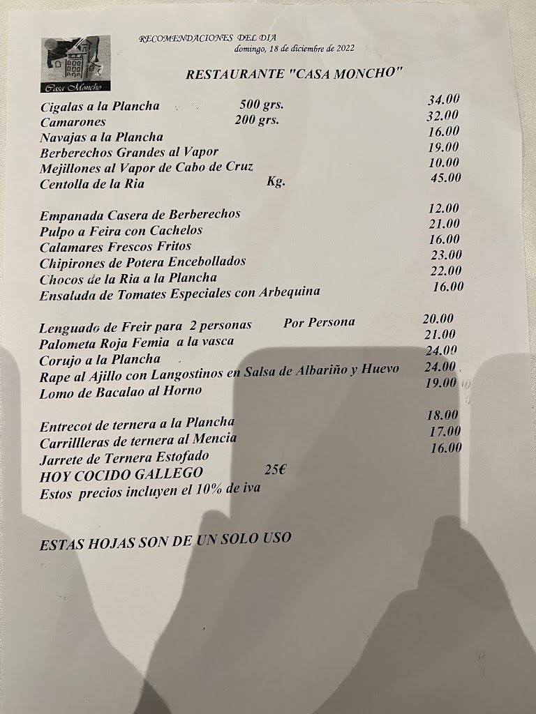 Restaurante Casa Moncho — Carta